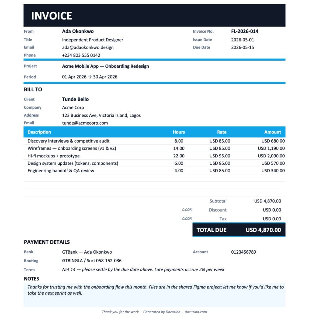 Freelancer Invoice Template preview 1