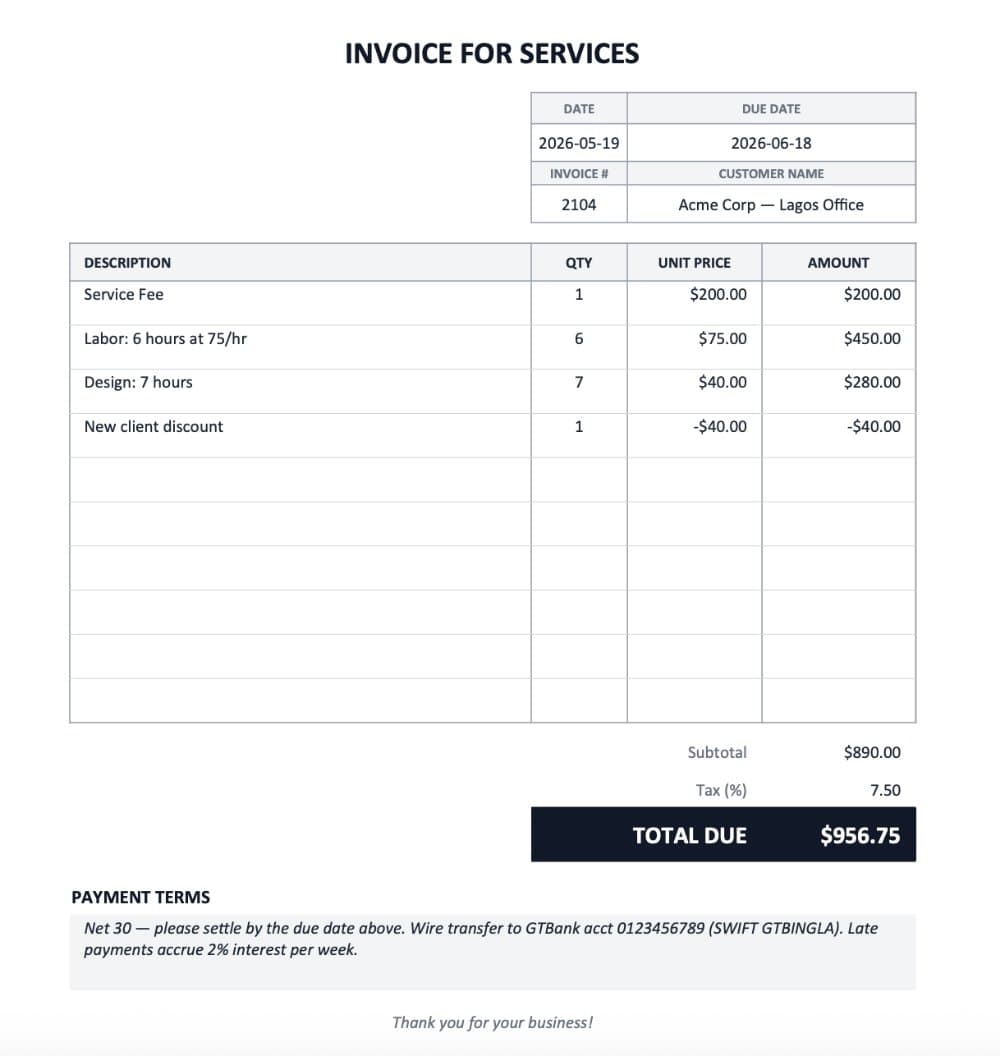 Invoice for Services Template preview 1