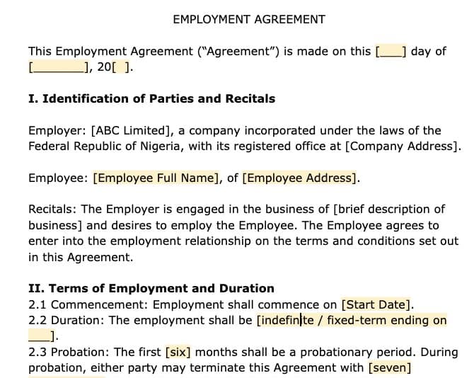 Employment Agreement Example preview 1