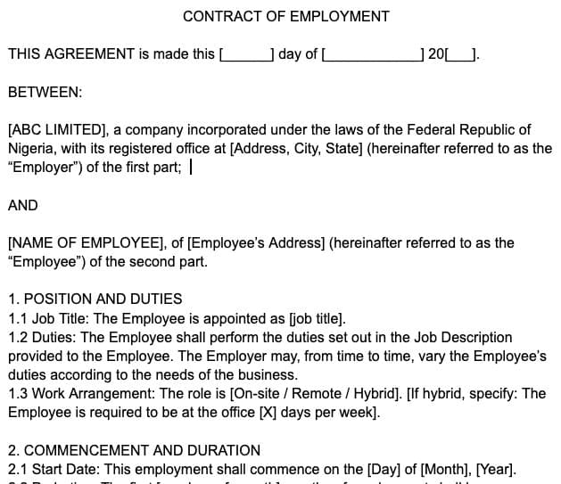 Employee Work Contract Template preview 1