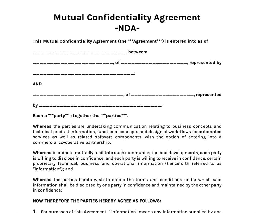 Mutual Confidentiality Agreement (Two-Way NDA) Template preview 1