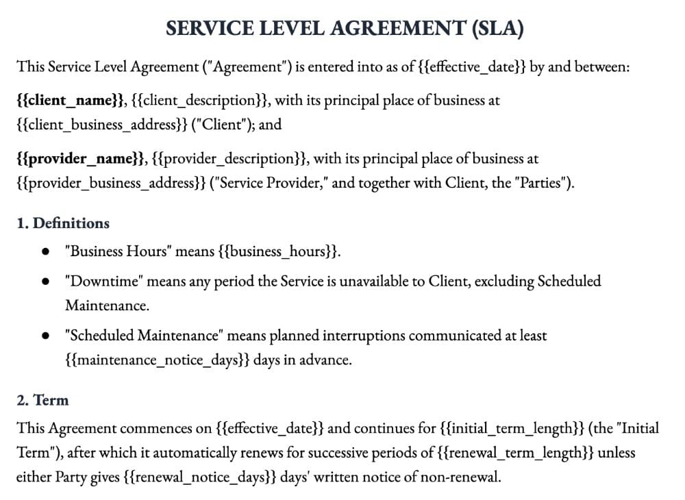 Service Level Agreement (SLA) Template preview 1