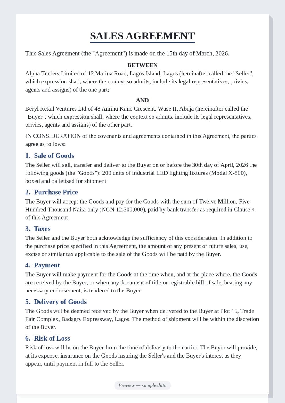 Sales Agreement Template (Sale of Goods Contract) preview 1