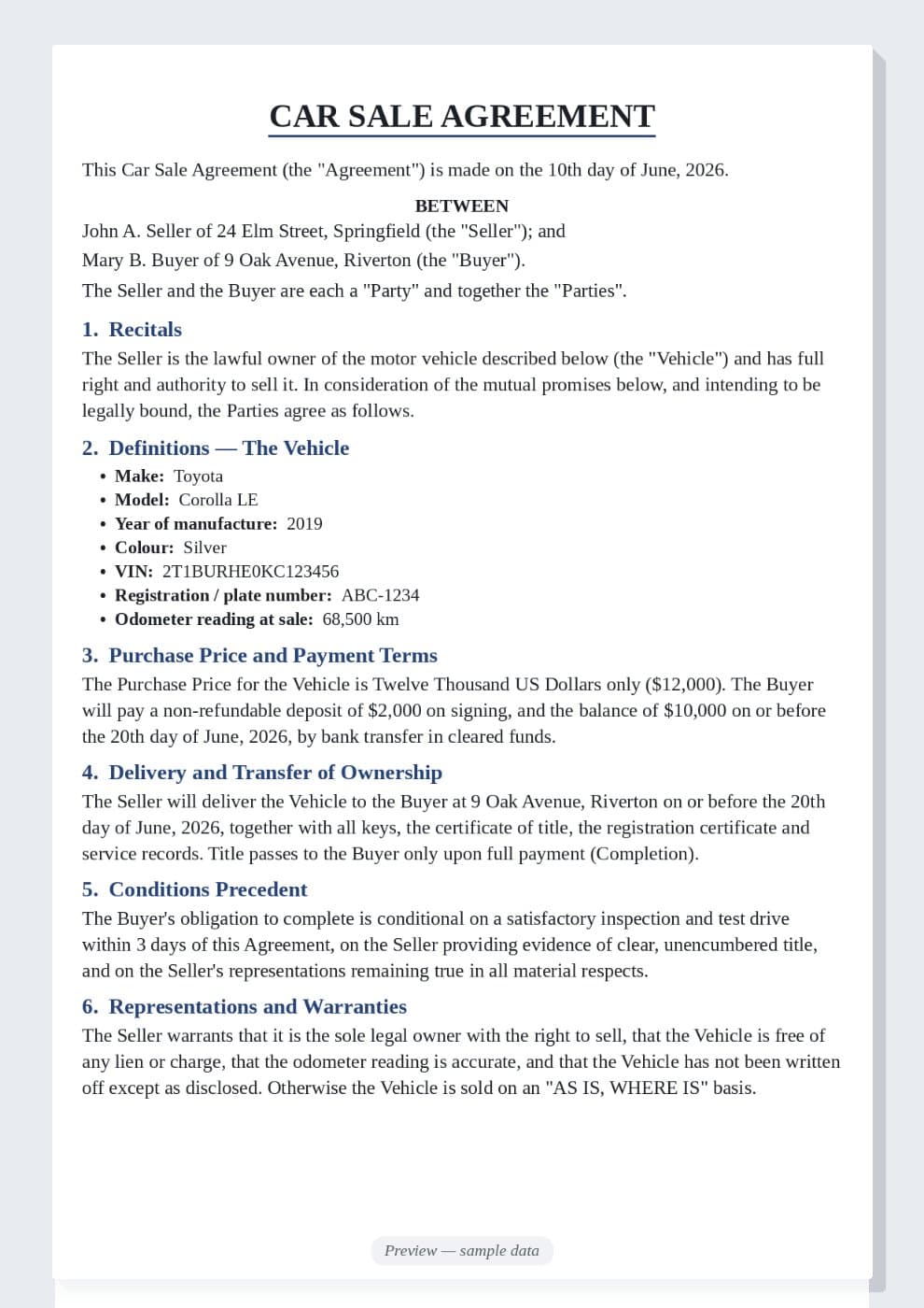 Car Sale Agreement Template preview 1