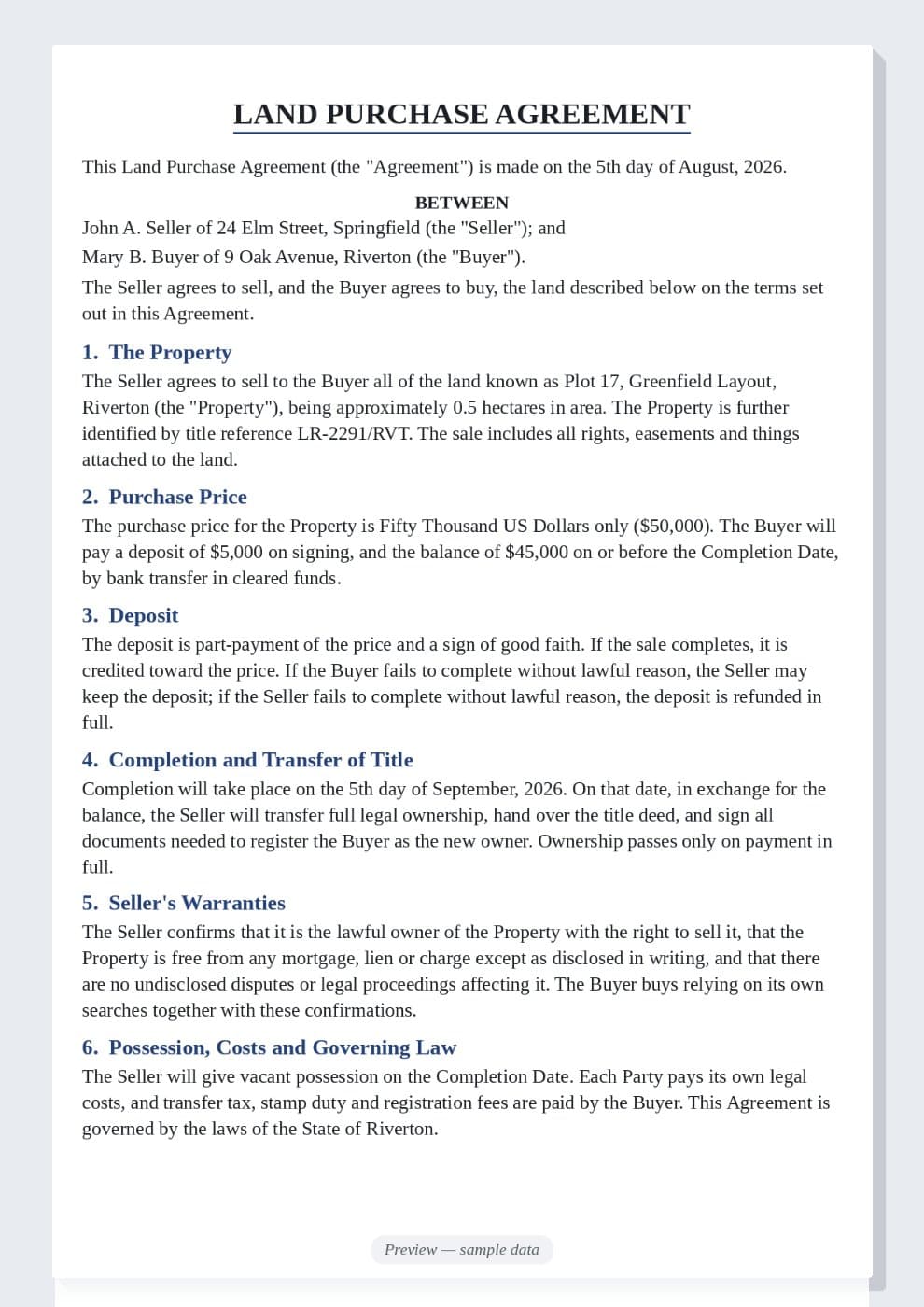 Land Purchase Agreement Template preview 1