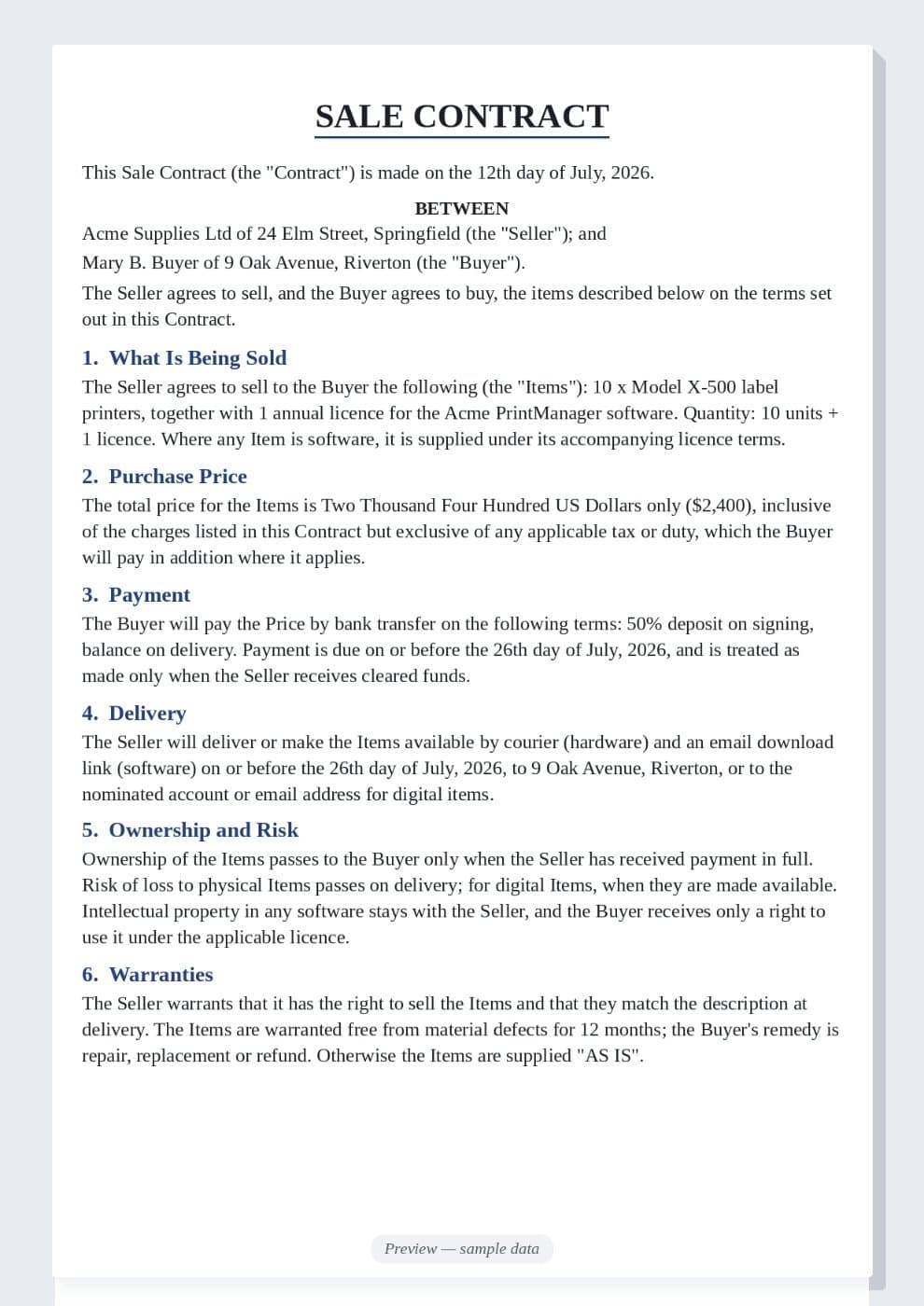 Sale Contract Template preview 1
