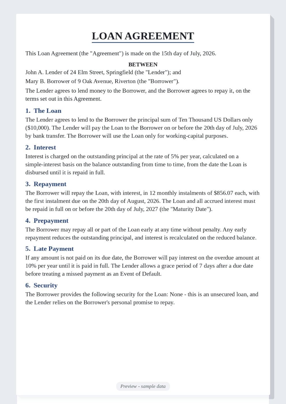 Loan Agreement Template preview 1