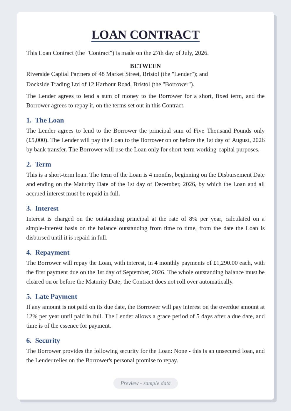 Loan Contract Template preview 1