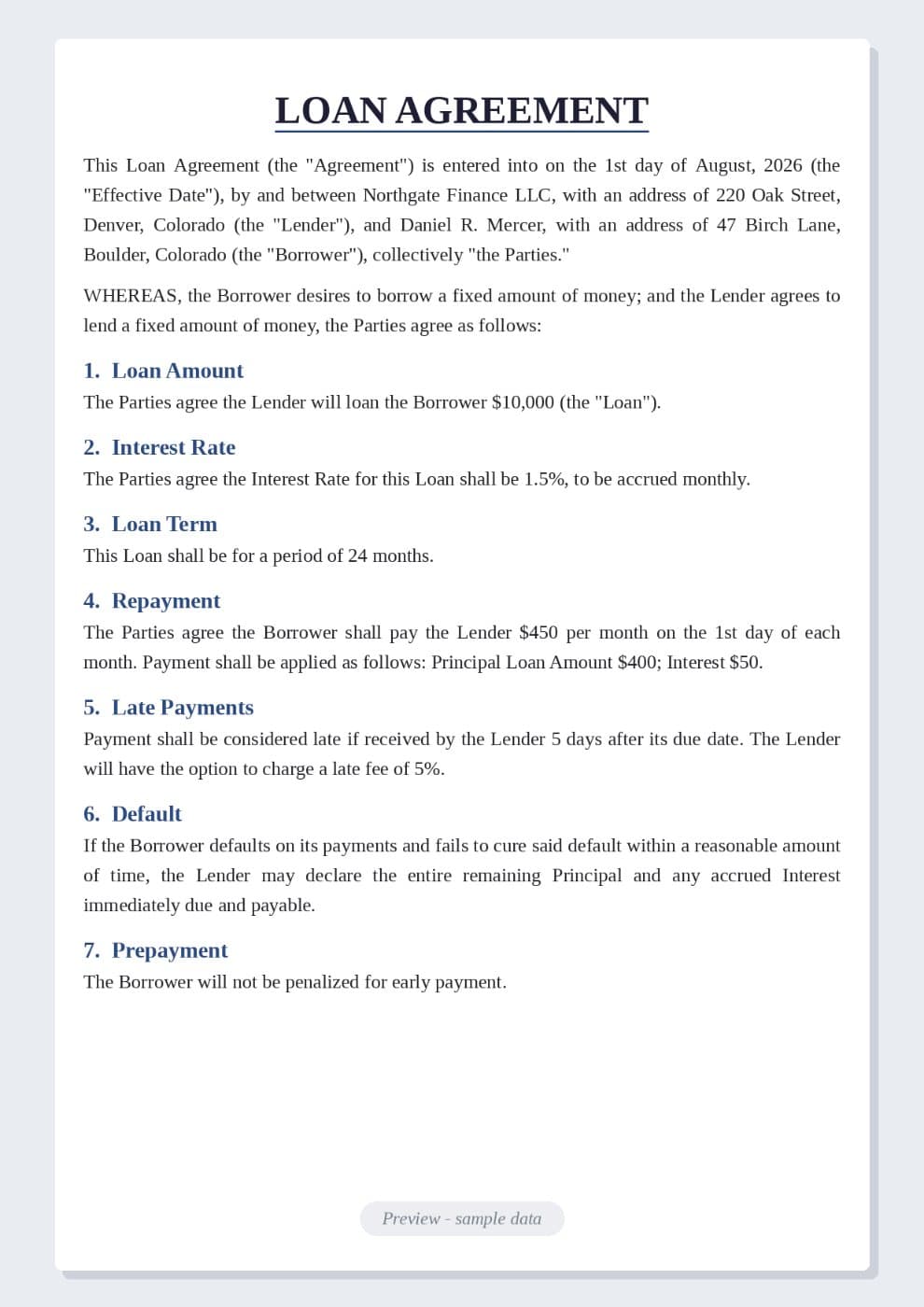 Sample Loan Agreement preview 1