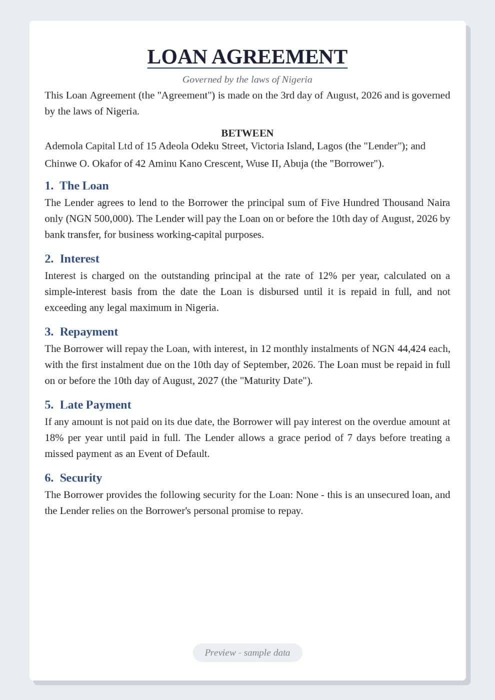 Loan Document Template preview 1