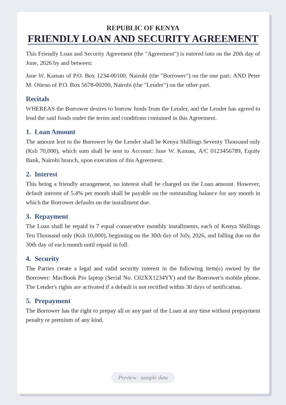 Friendly Loan Agreement Example (Kenya) preview 1