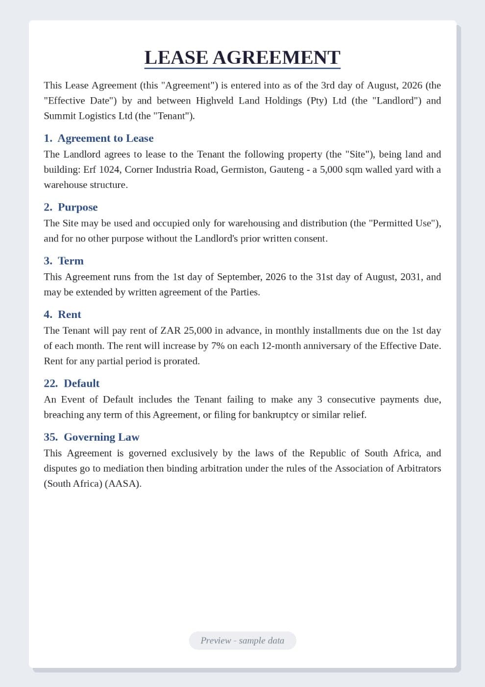 Template for Lease Agreement preview 1