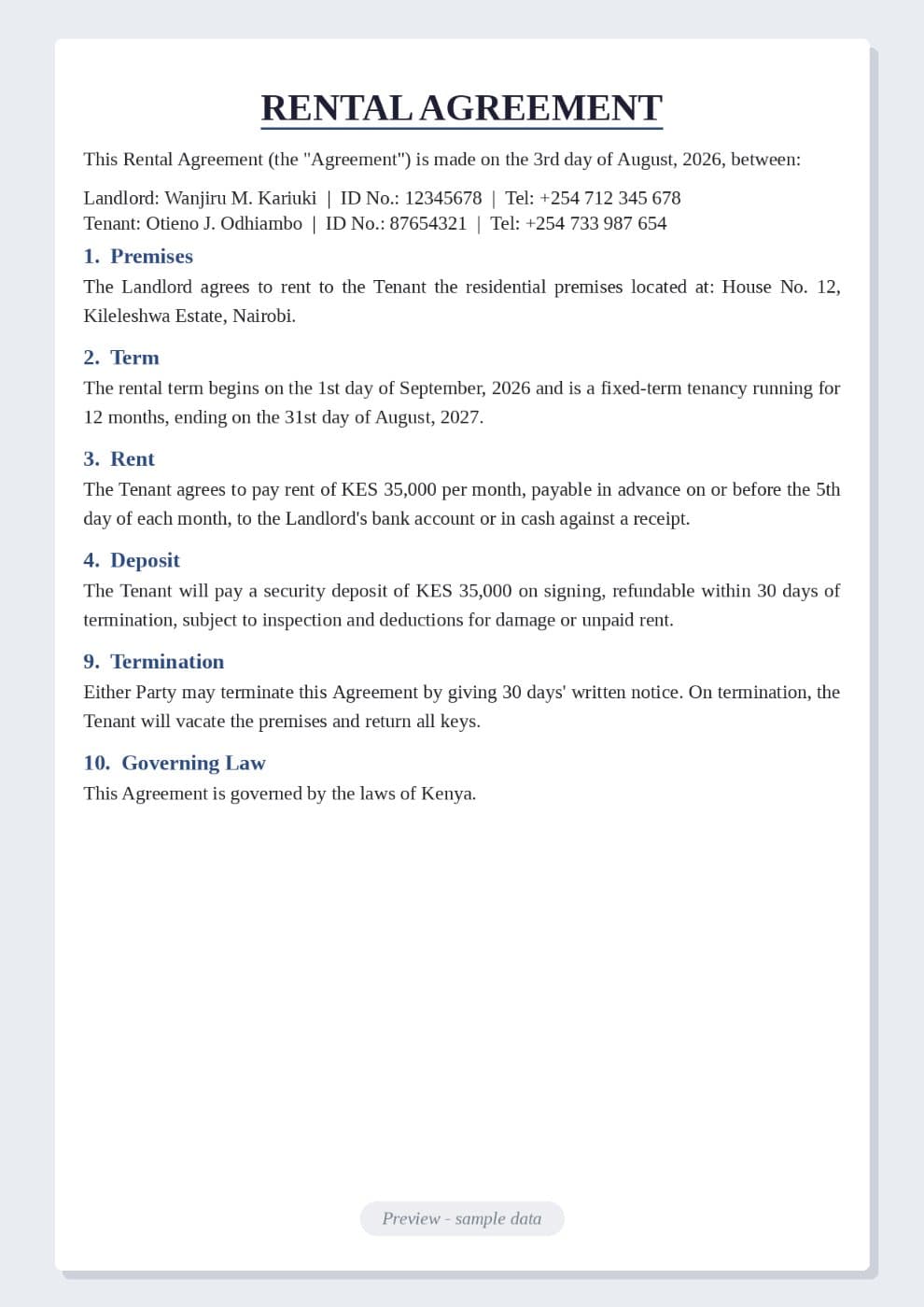Rental Agreement Form Template (Kenya) preview 1