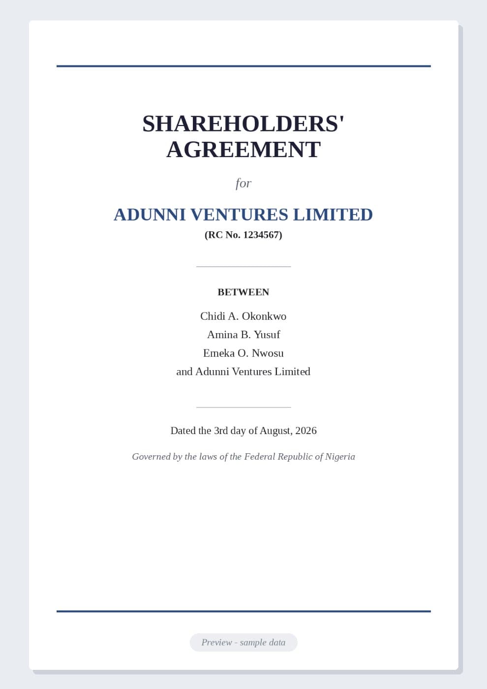Shareholder Agreement Example (Nigeria) preview 1