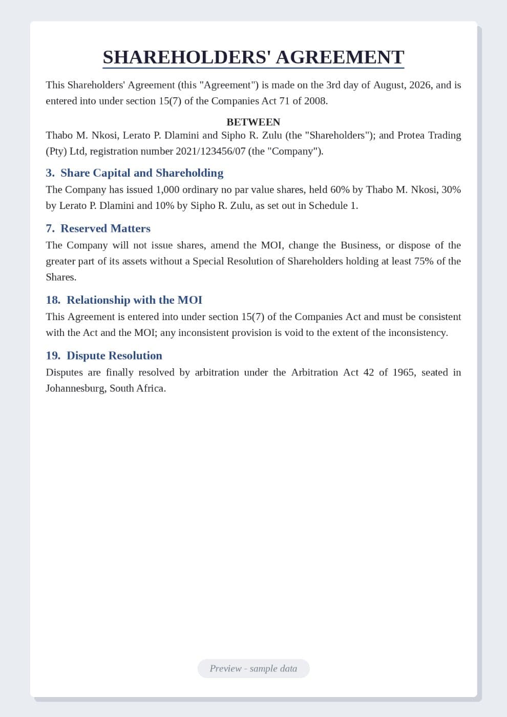 Shareholder Agreement Template (South Africa) preview 1