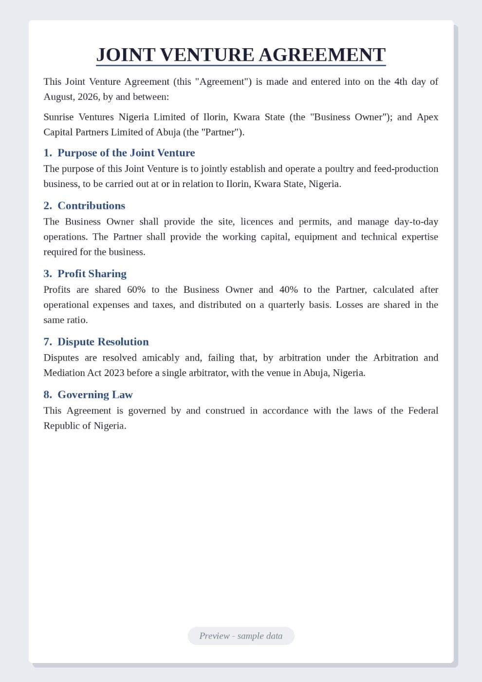Joint Venture Agreement Template (Nigeria) preview 1