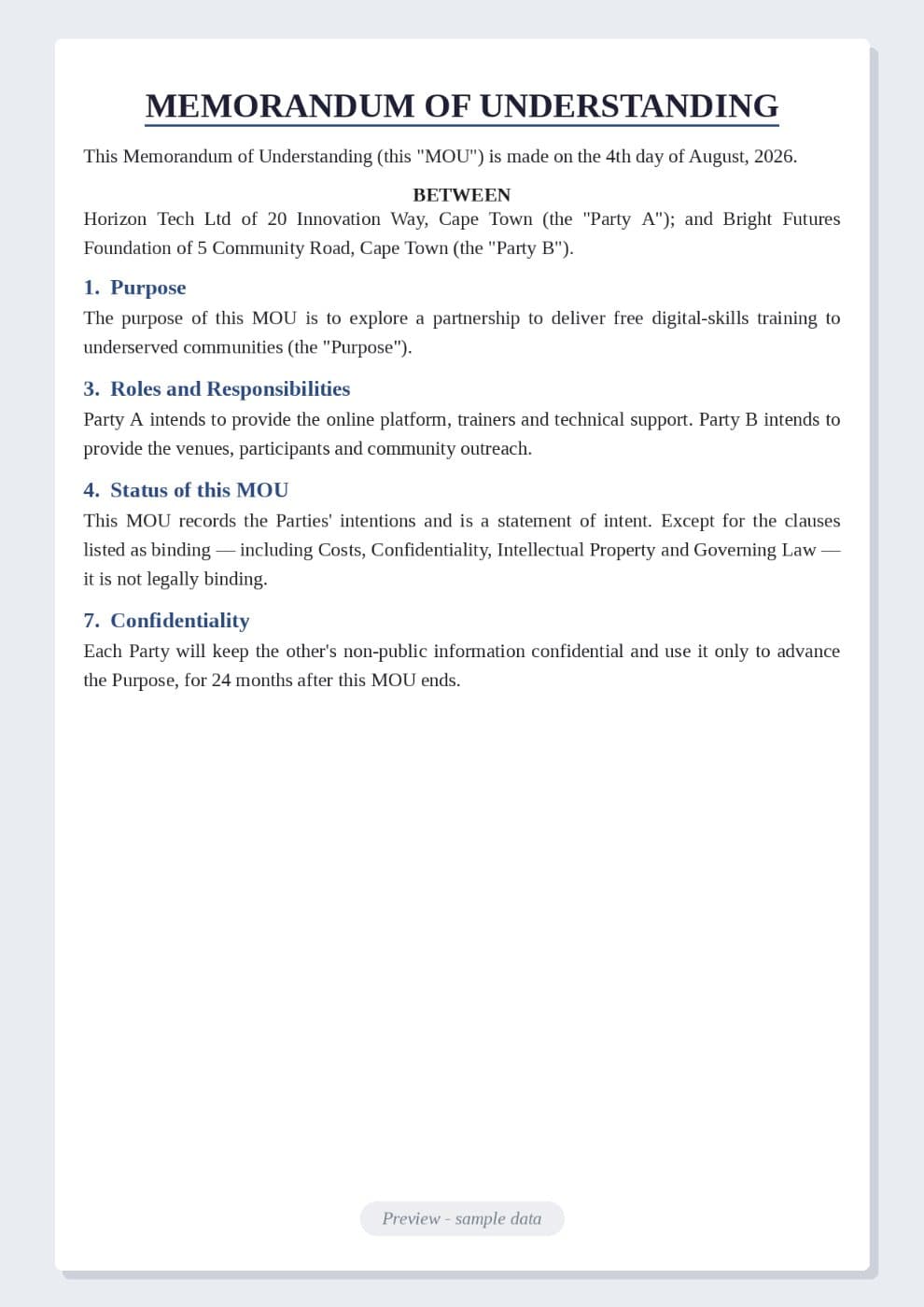 Memorandum of Understanding (MOU) Template preview 1