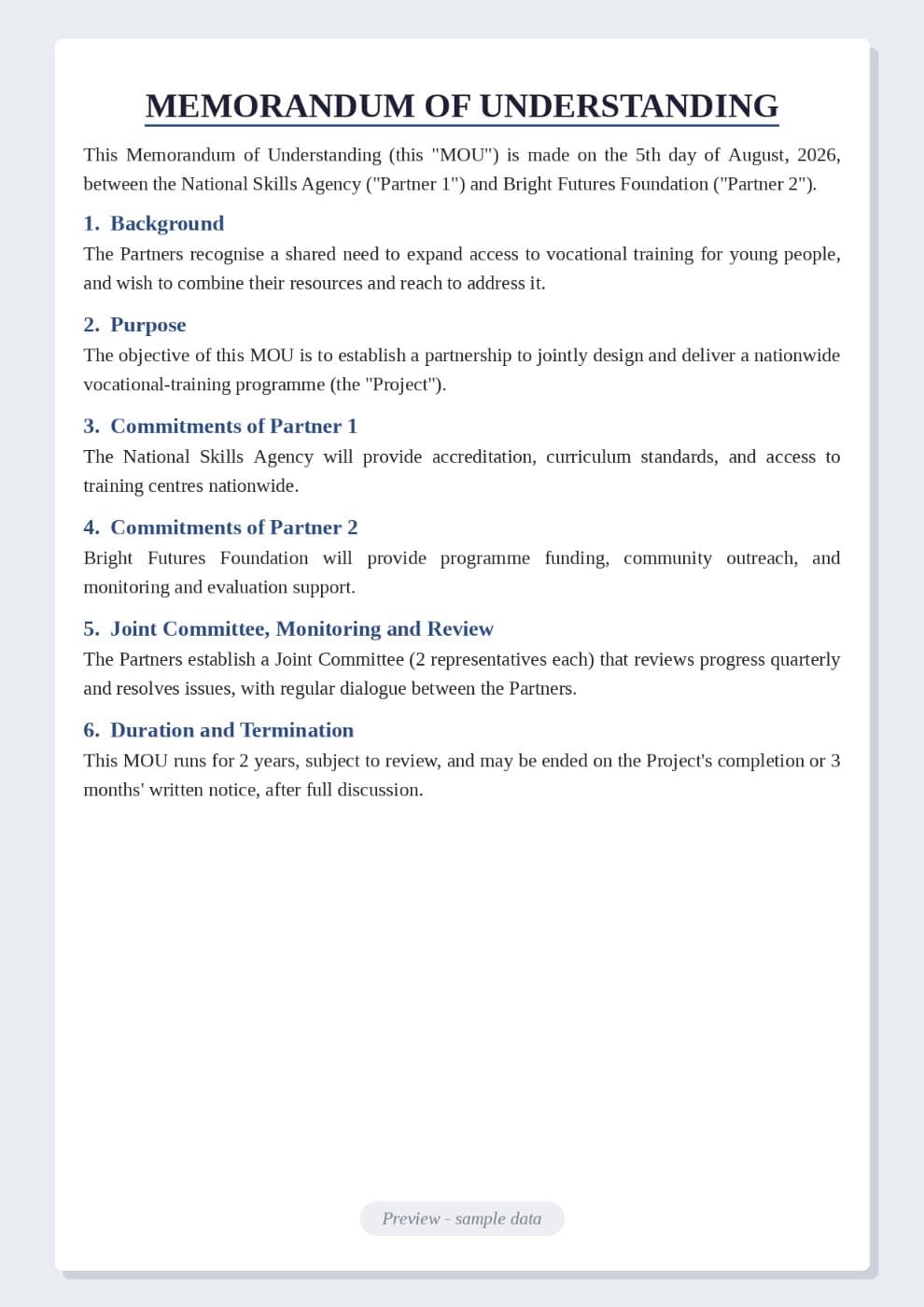 Sample Memorandum of Understanding preview 1