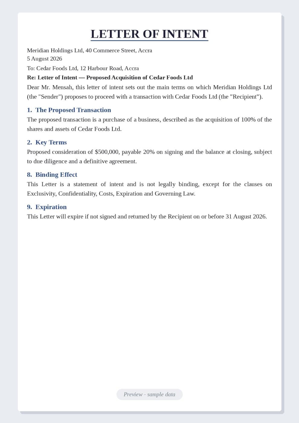 Letter of Intent (LOI) Sample preview 1