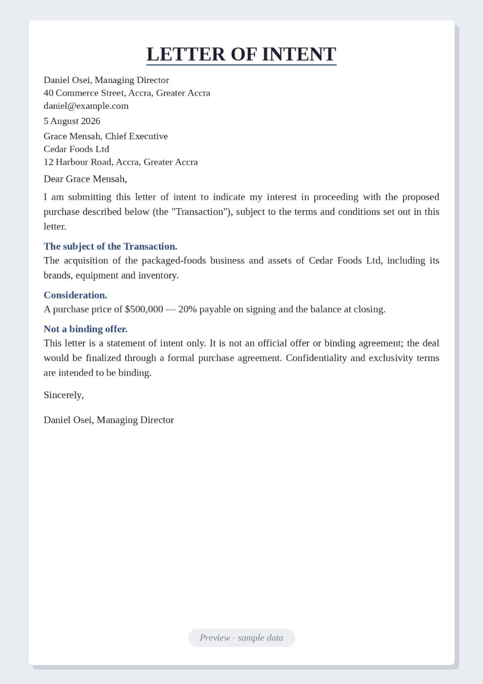 Letter of Intent Example preview 1