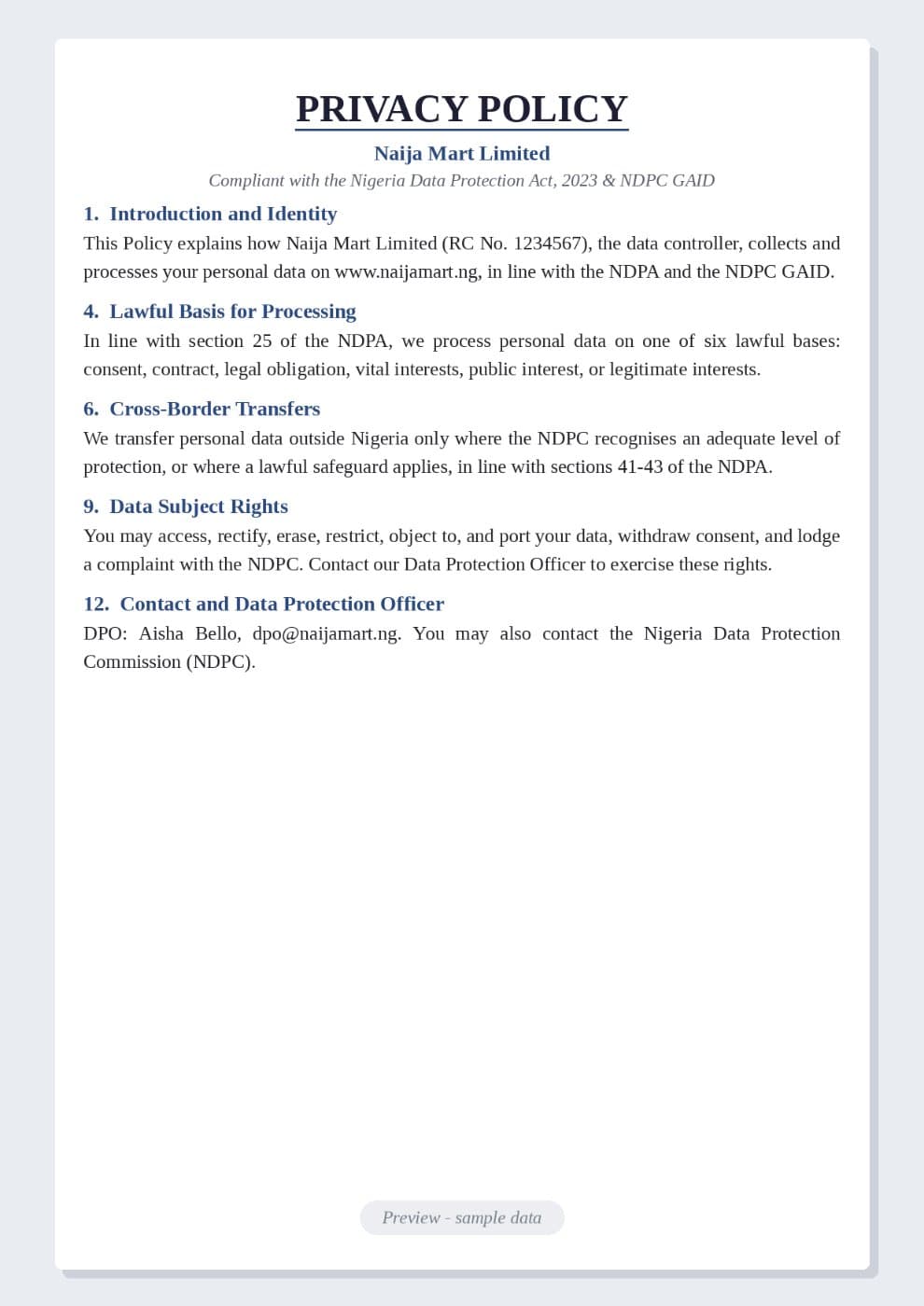 Privacy Policy Sample preview 1