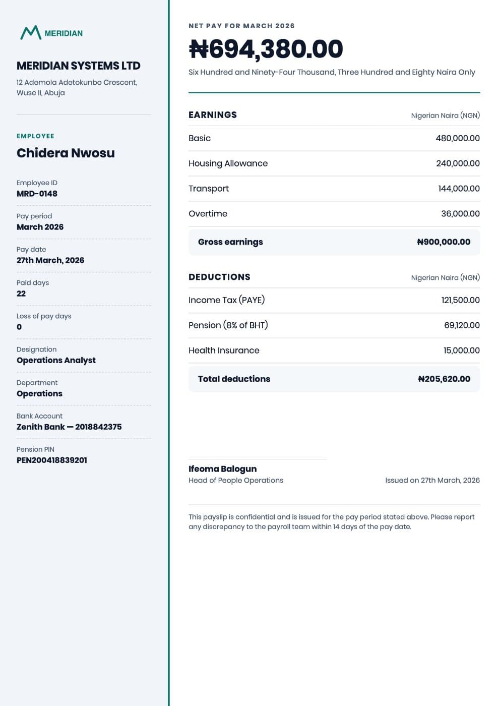 Modern Payslip (Salary Statement) Template preview 1