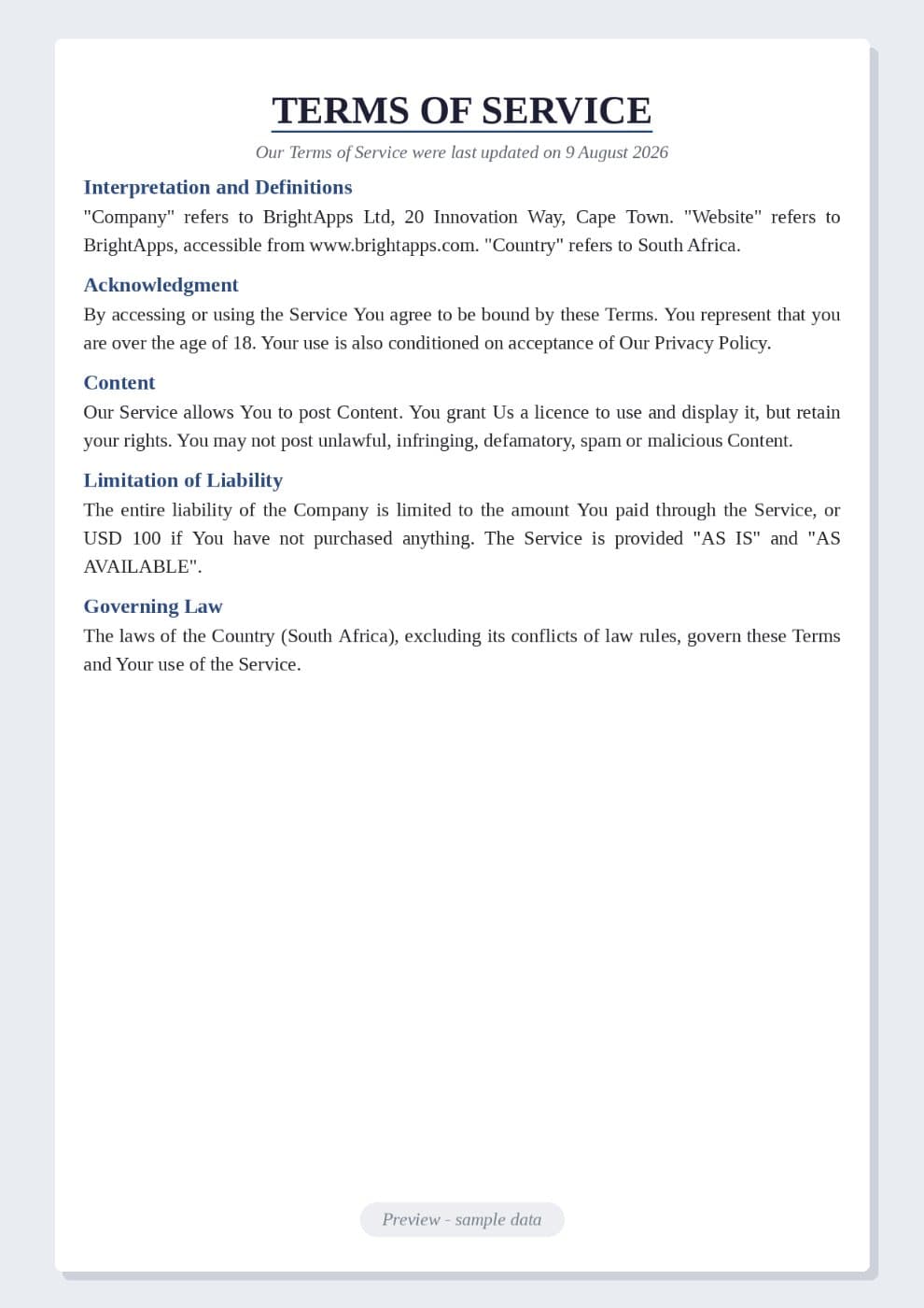 Sample Terms of Service preview 1