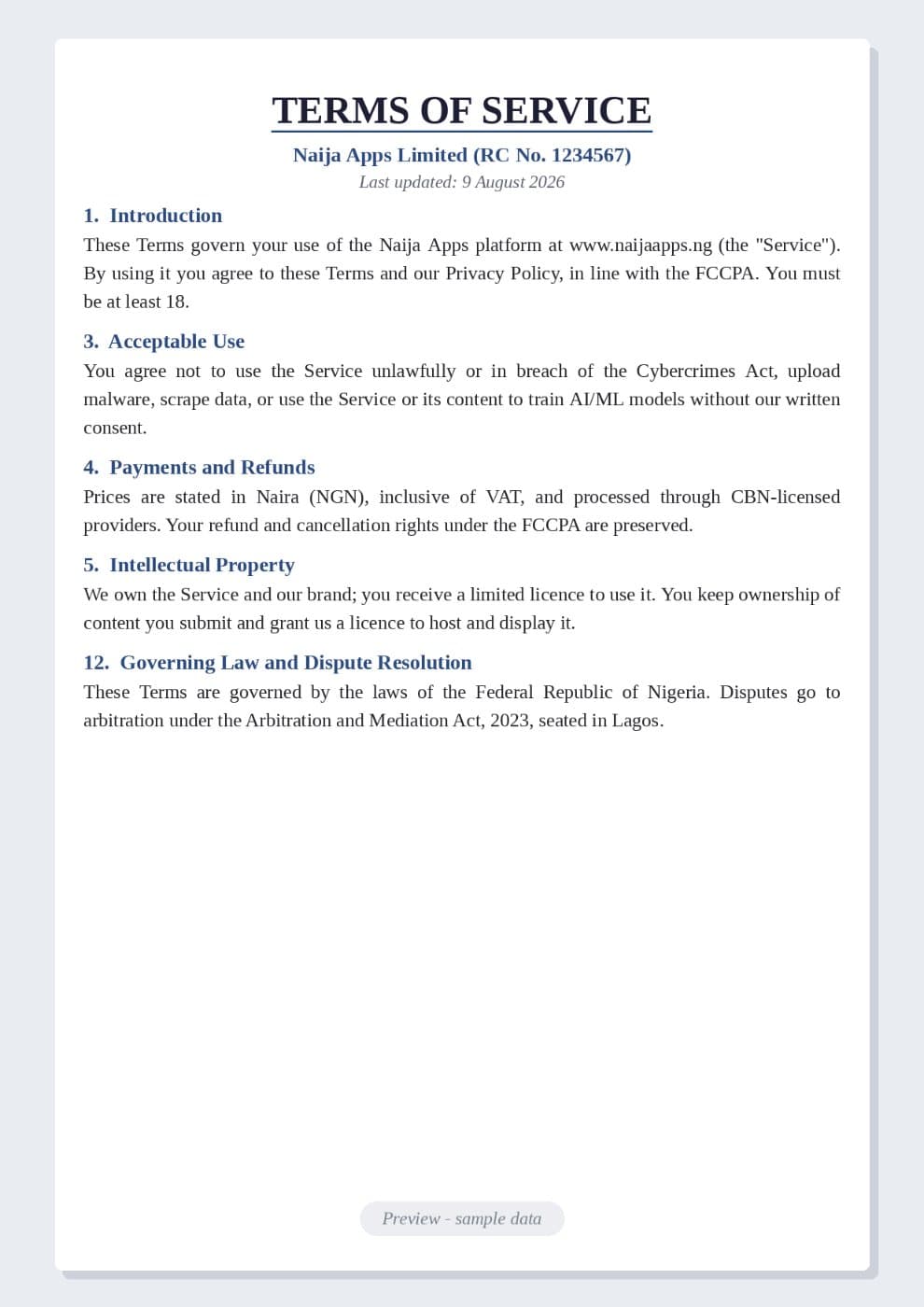 Terms of Service Example (Nigeria) preview 1