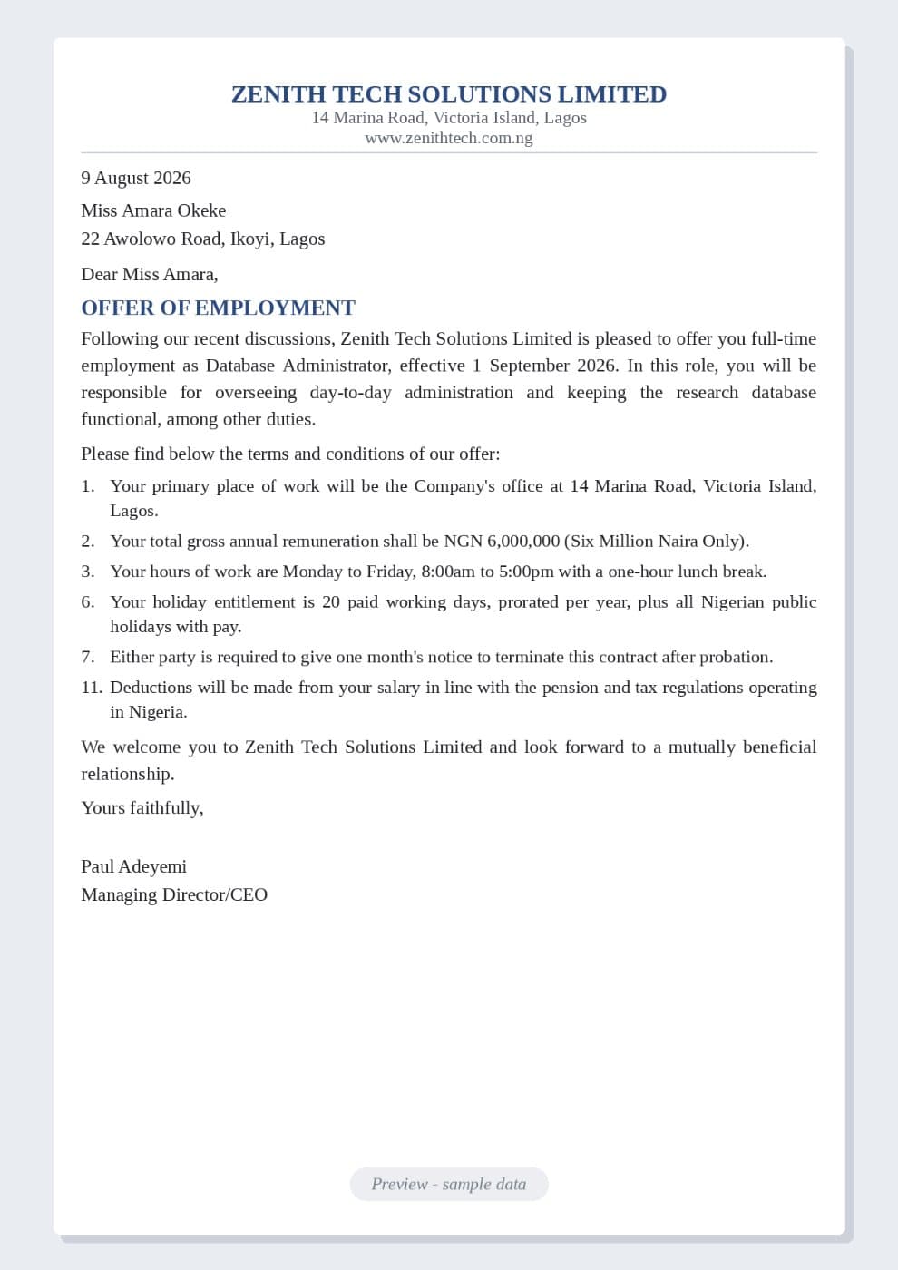 Job Offer Letter Template (Nigeria) preview 1