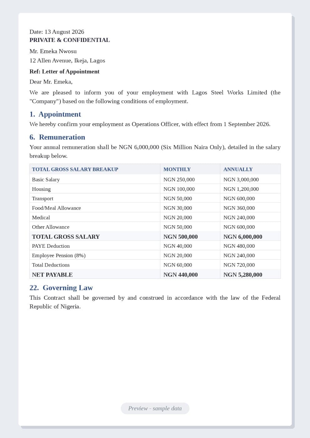 Employment Letter Template (Nigeria) preview 1