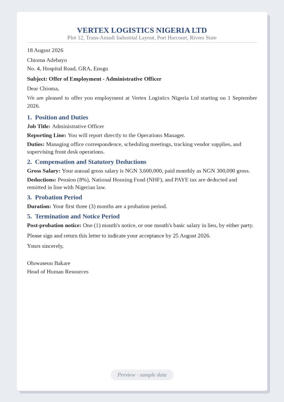 Employment Letter Sample (Nigeria) preview 1