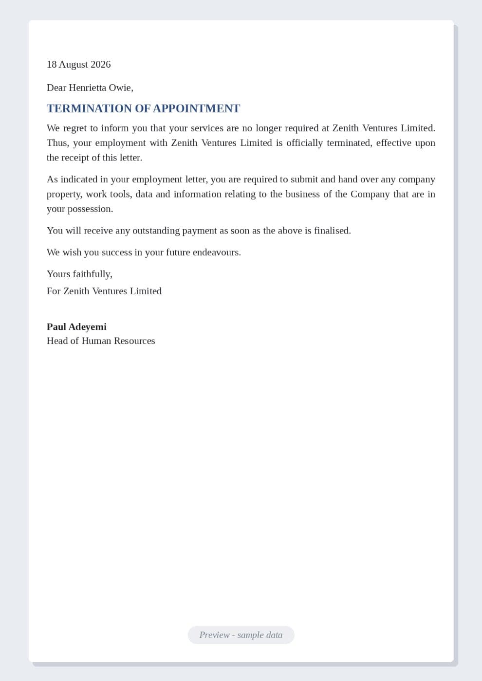 Simple Job Termination Letter Template preview 1