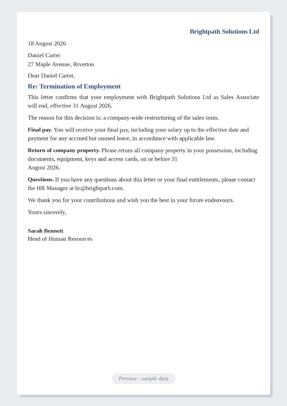 Sample Job Termination Letter (with reason) preview 1