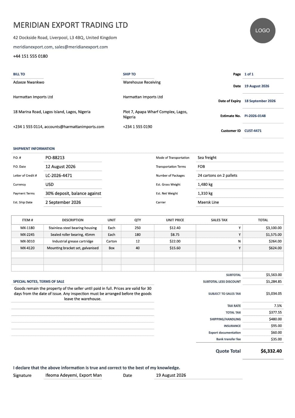 Contract Proforma Invoice Template in Excel preview 1