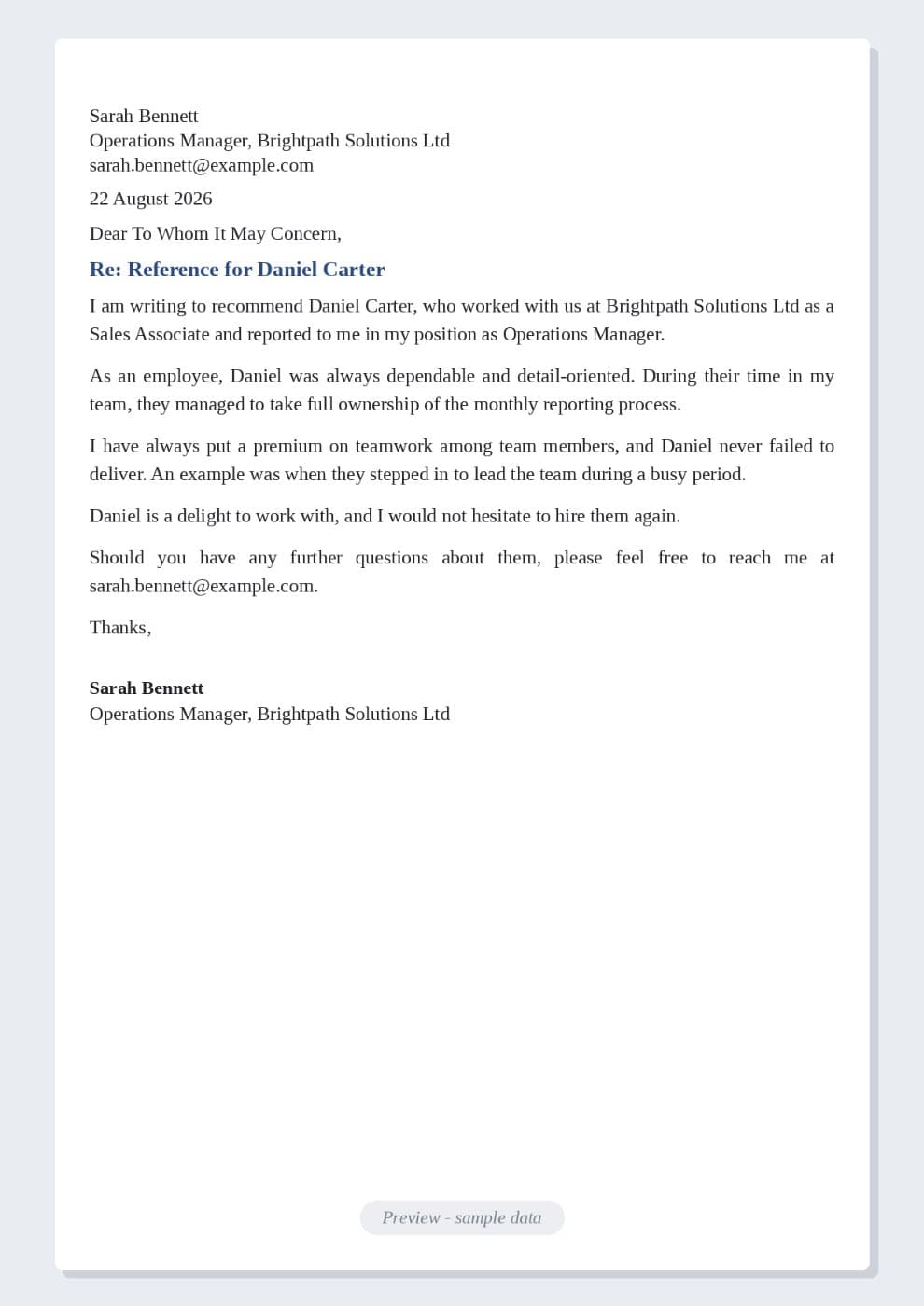 Reference Letter Template for Employee preview 1