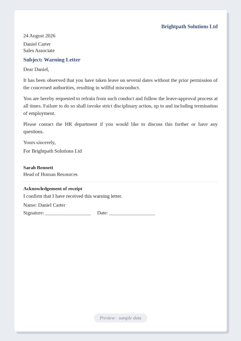 Warning Letter Sample preview 1